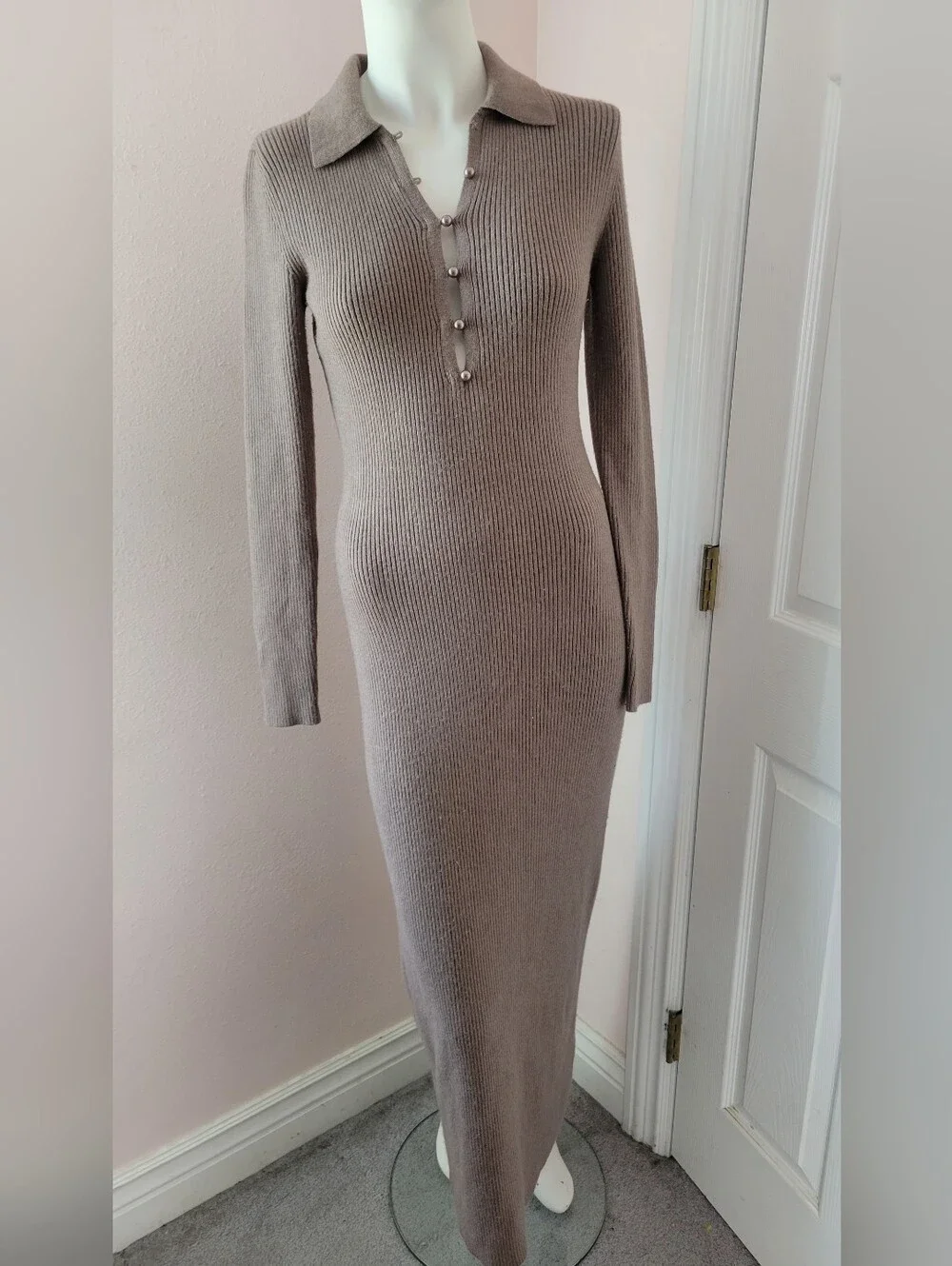Abercrombie & Fitch Knit Maxi Dress Brown Medium Tall MT Ribbed Collared Button